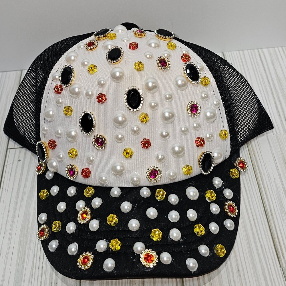 Embellished Black and White Cap with Pearls and Gems